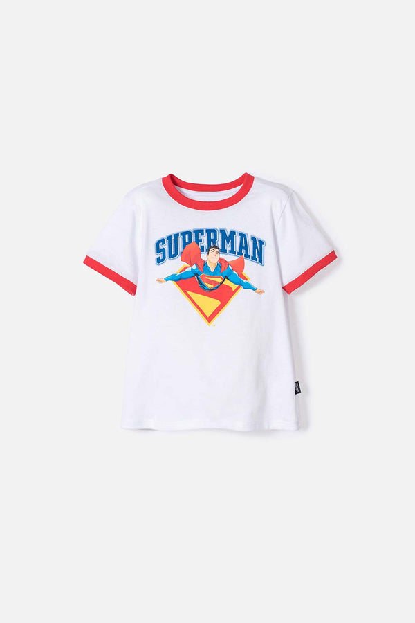 CAMISETA SE SUPERMAN BLANCA Y ROJA MANGA CORTA PARA NIÑO 2T A 5T