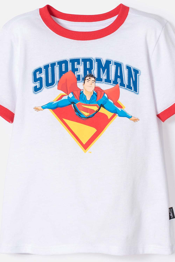 CAMISETA SE SUPERMAN BLANCA Y ROJA MANGA CORTA PARA NIÑO 2T A 5T