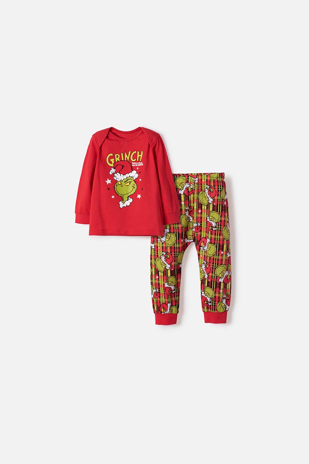PIJAMA DE GRINCH CON PANTALÓN LARGO ROJO PARA BEBÉ