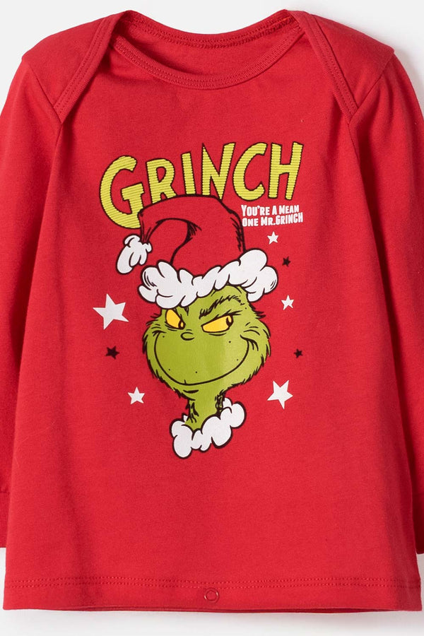 PIJAMA DE GRINCH CON PANTALÓN LARGO ROJO PARA BEBÉ