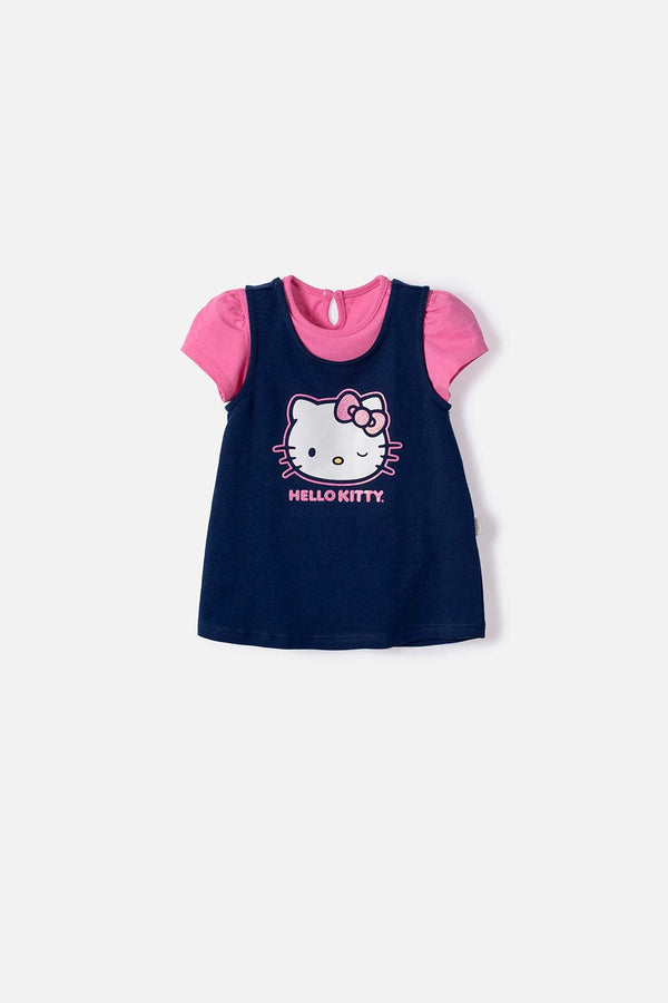 VESTIDO DE HELLO KITTY MANGA CORTA AZUL Y ROSADO PARA BEBÉ NIÑA