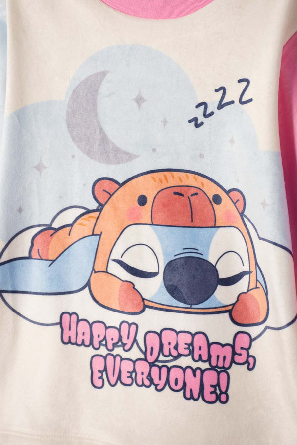 PIJAMA DE STITCH Y CAPYBARA PANTALÓN LARGO ROSADO PARA NIÑA 2T A 6T