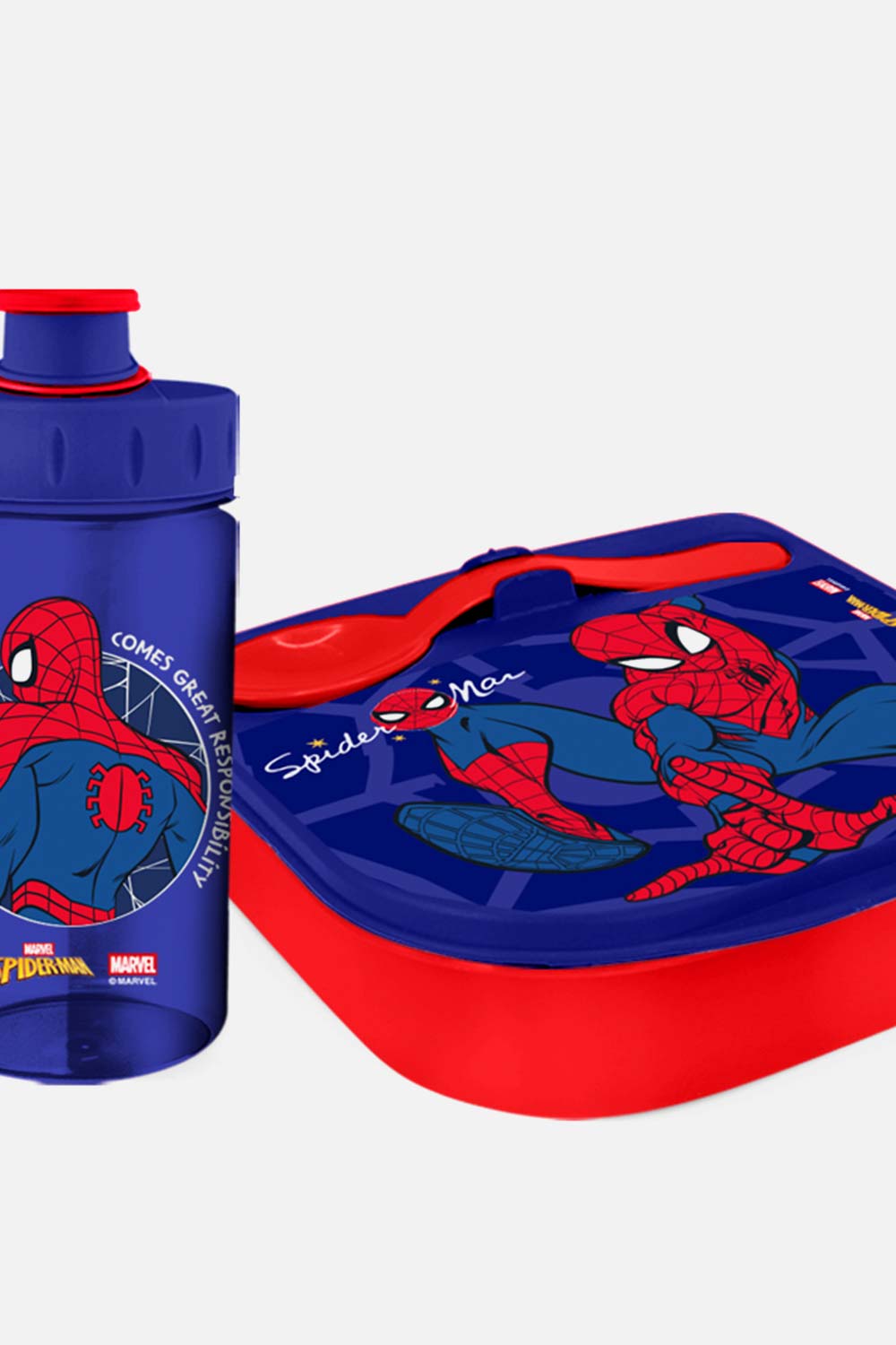 SET DE PORTA, CUBIERTO Y BOTELLA SPIDER-MAN PARA NIÑO