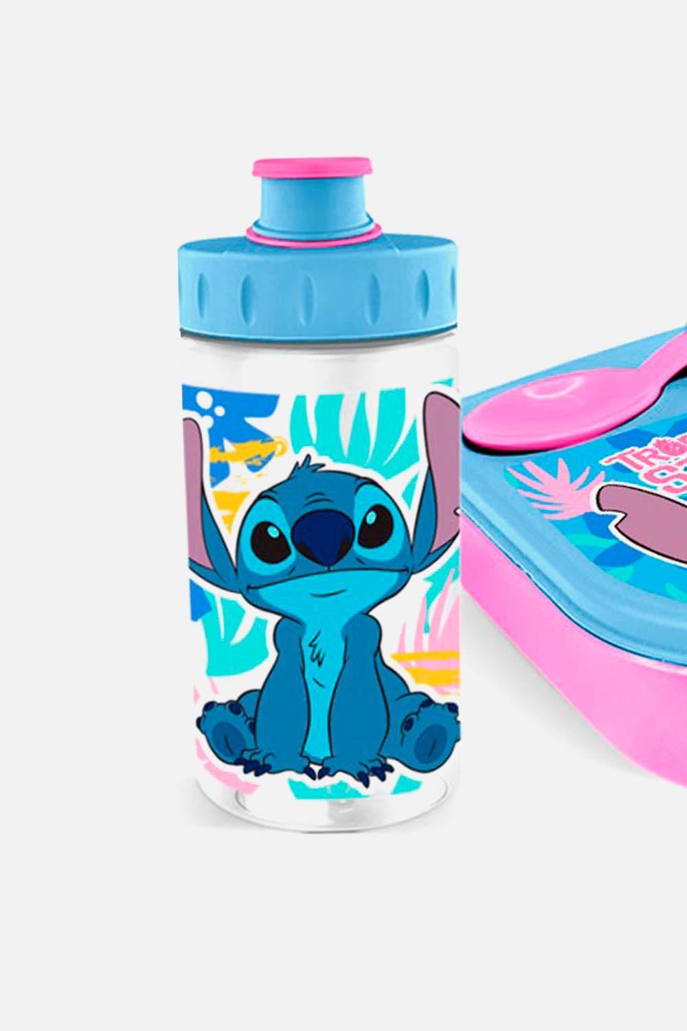 SET DE PORTA, CUBIERTO Y BOTELLA AZUL/ROSADO DE STITCH