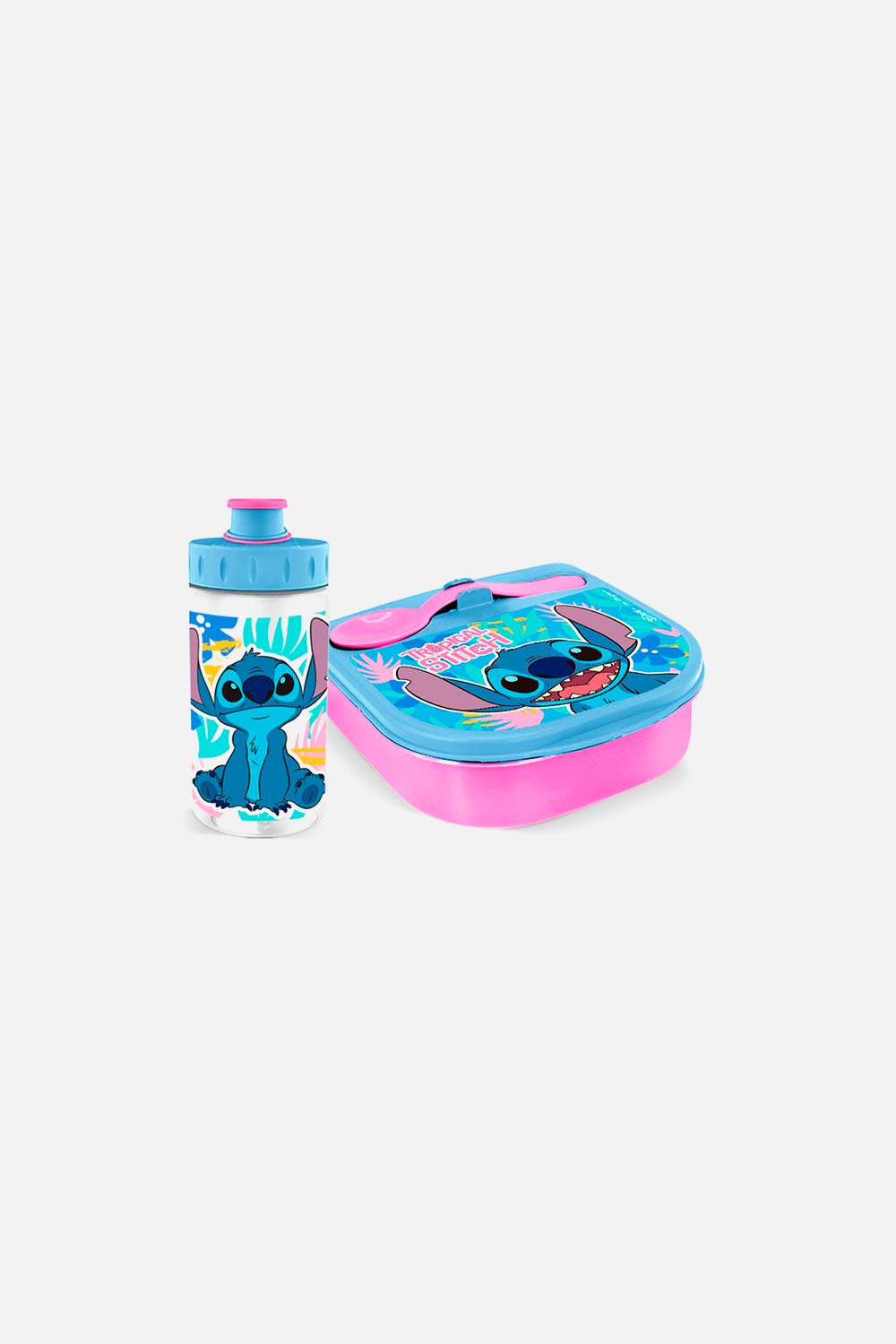 SET DE PORTA, CUBIERTO Y BOTELLA AZUL/ROSADO DE STITCH